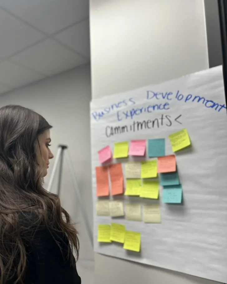 Sticky notes on a flip chart titled Business Development Experience Commitments